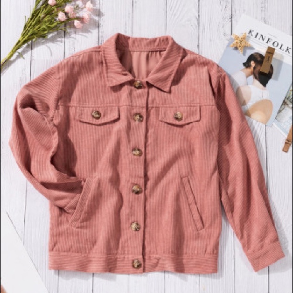 Pink Ribbed Corduroy Button Jacket Long Sleeve Shirt